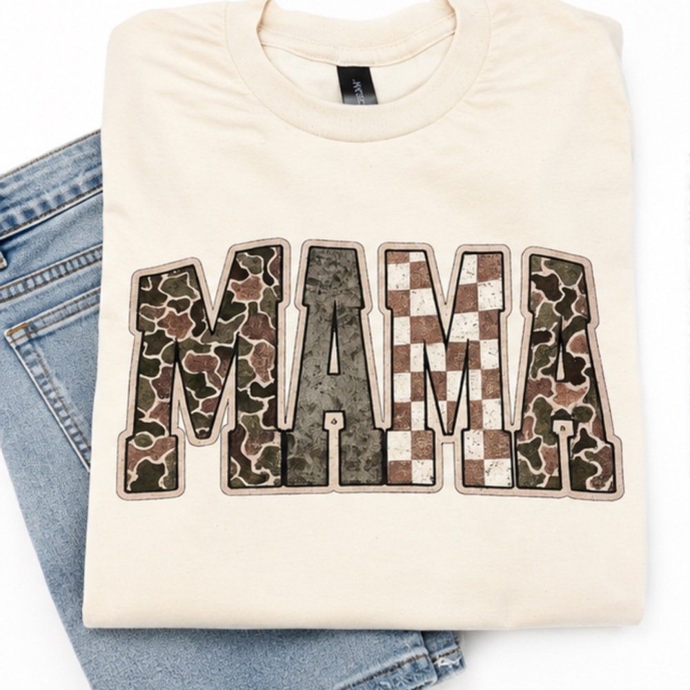 Hand Pressed Gildan Cream or Grey Tee with Camo 'MAMA' Graphic